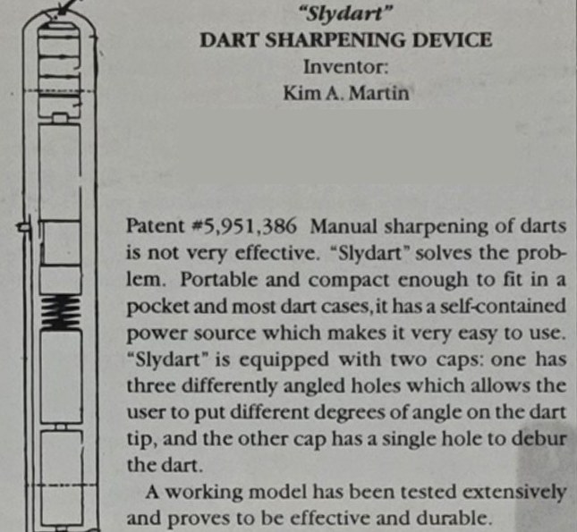 Inventors' Digest, January/February 2000, Invention Mart listing for the Slydart dart sharpening device, U.S. Patent 5,951,386
