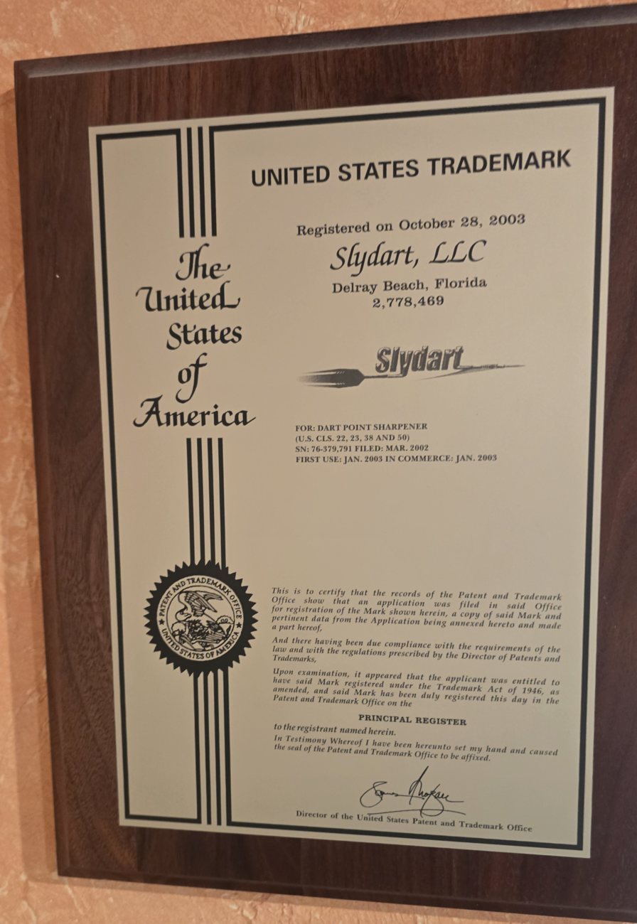 Slydart, LLC United States trademark registration plaque